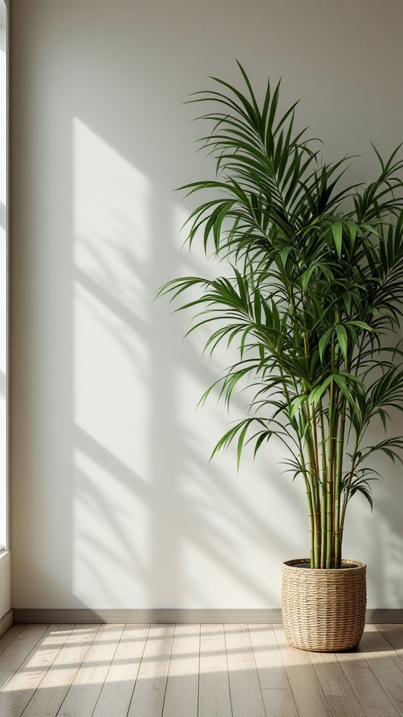 A tall Bamboo Palm in a woven pot, casting shadows on a light wall in a sunlit room.