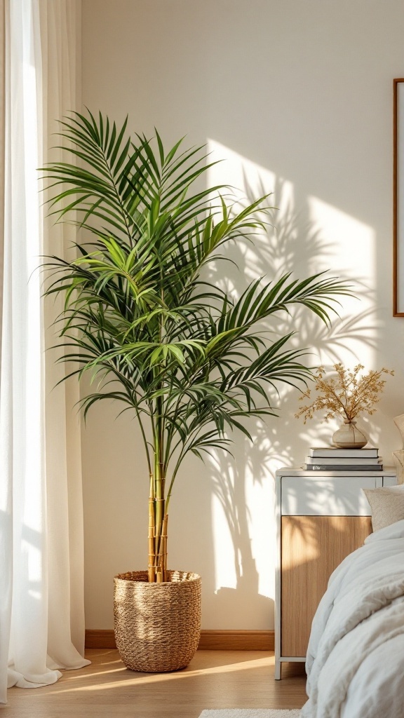 A Bamboo Palm in a woven basket by a window, showcasing its lush green fronds and the soft shadows cast on the wall.