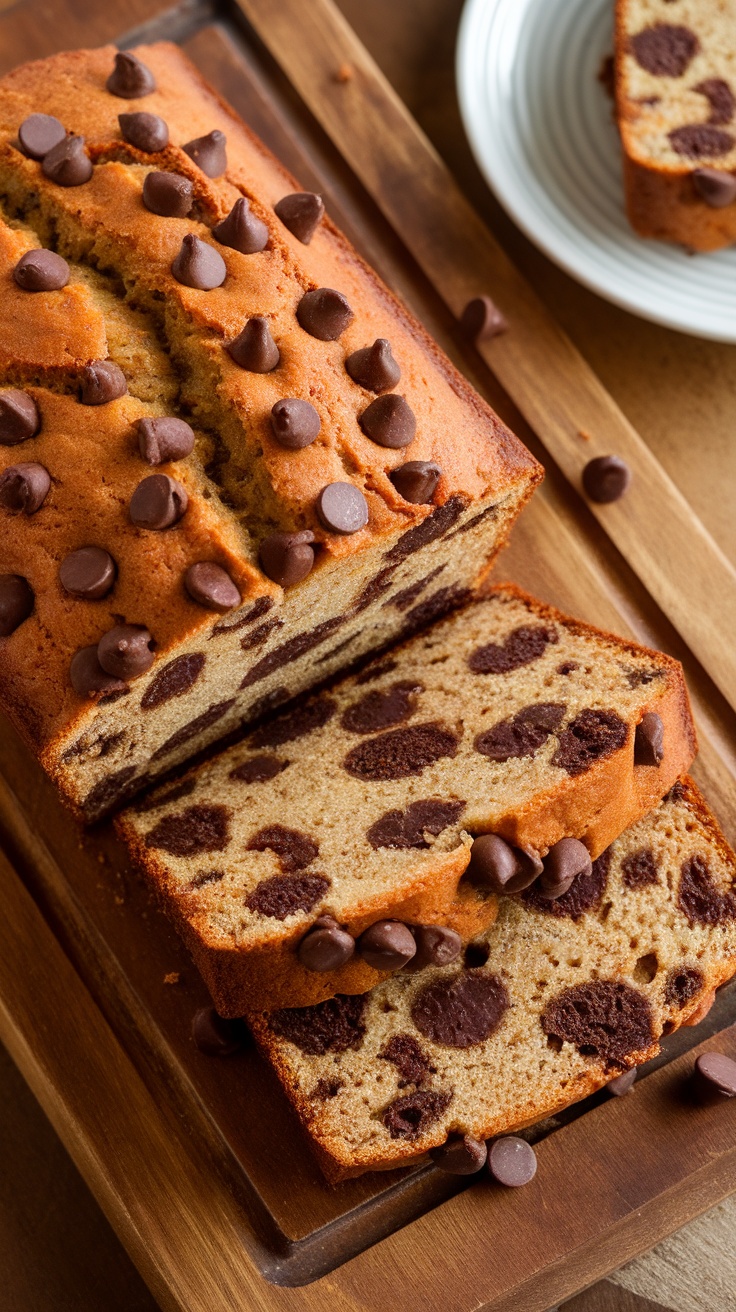 A loaf of banana bread with chocolate chips, sliced and resting on a wooden cutting board.