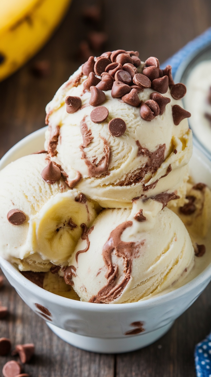 Delicious banana chocolate chip ice cream in a bowl with chocolate chips on top.