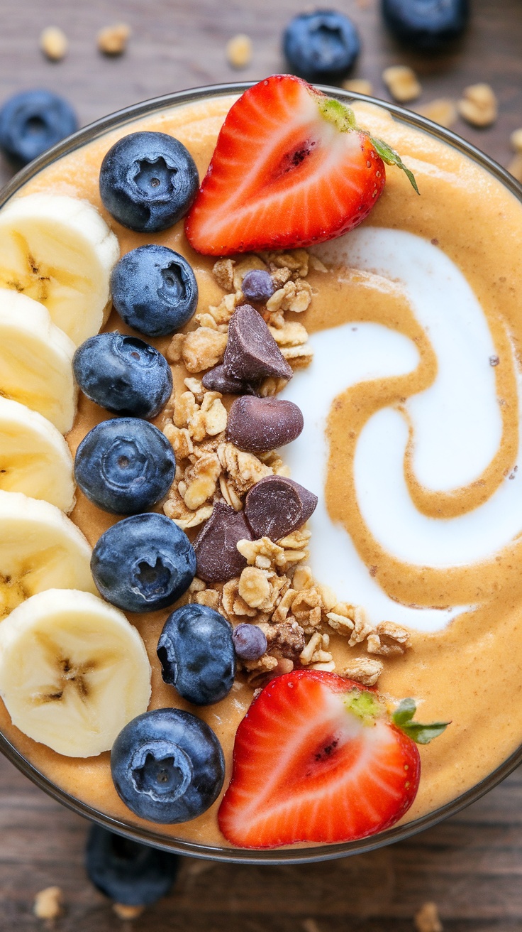 A bowl of Banana Coconut Smoothie topped with sliced bananas, blueberries, strawberries, granola, and chocolate chips.