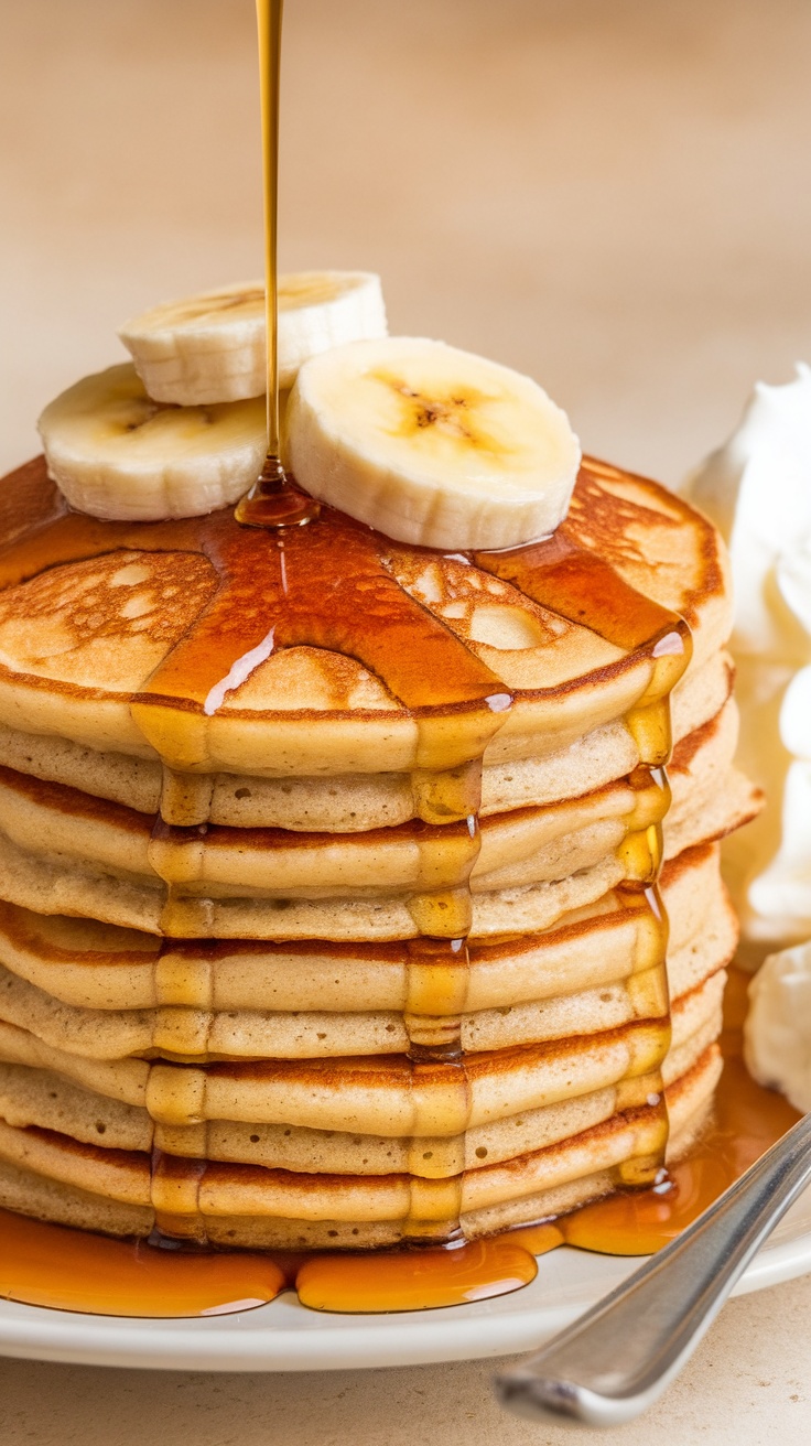 Stack of fluffy banana pancakes with syrup and banana slices on top