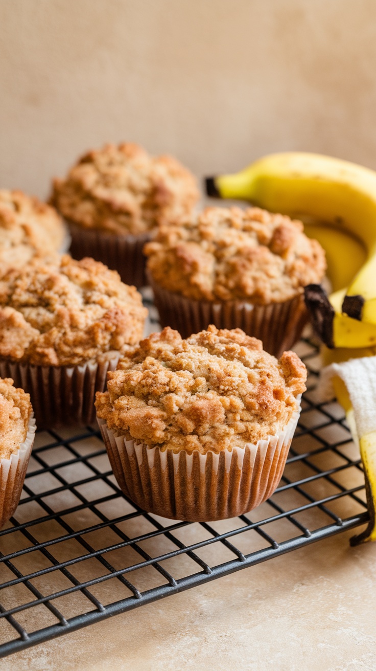 Freshly baked banana muffins with a crumbly streusel topping