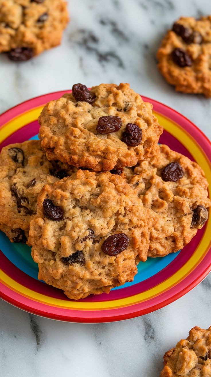 A stack of banana oatmeal cookies on a colorful plate.