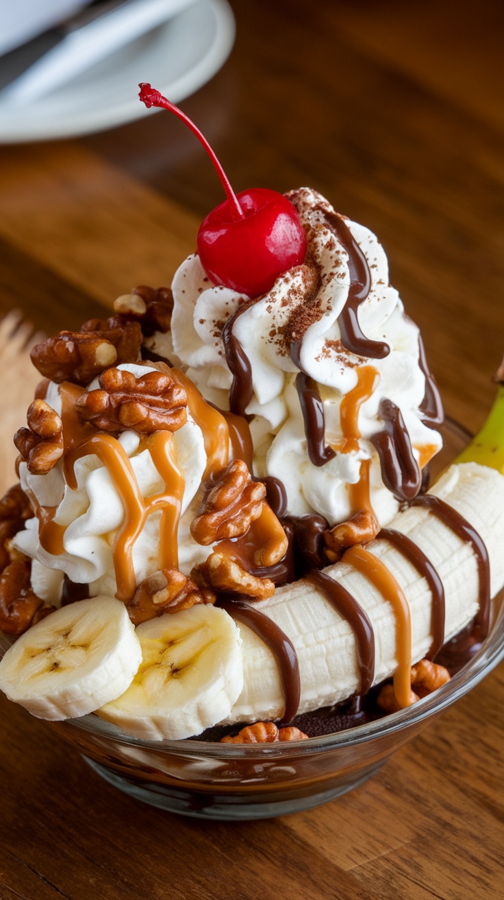A delicious banana split sundae topped with whipped cream, nuts, chocolate syrup, and a cherry.