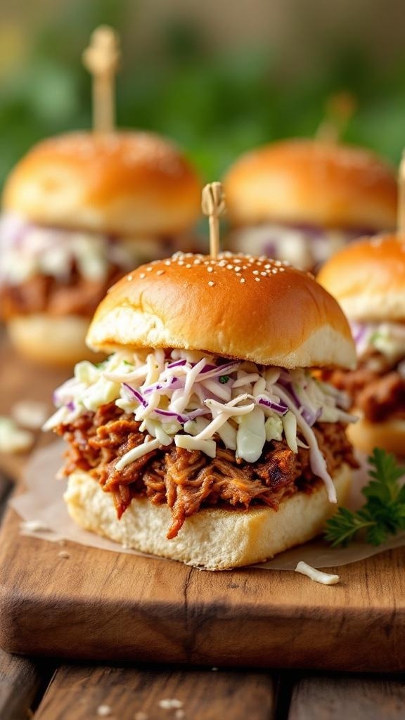 BBQ pulled pork sliders with coleslaw on a wooden board