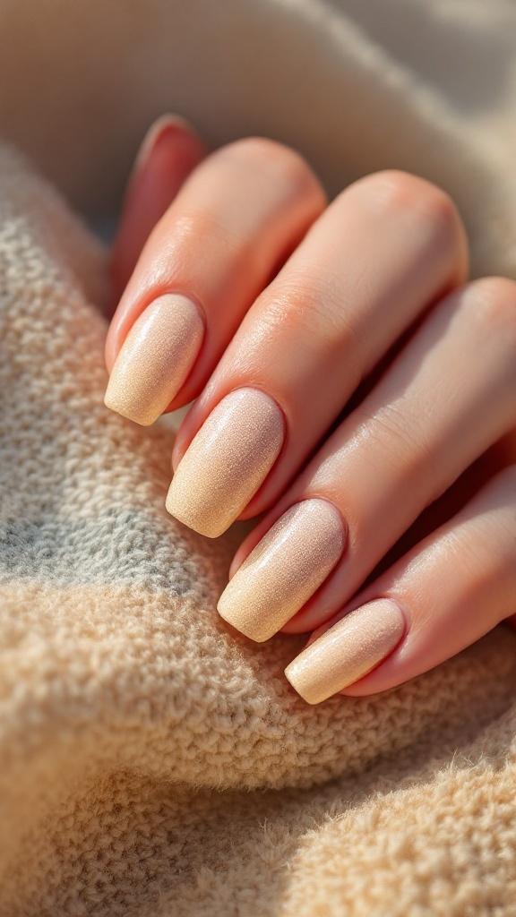 A close-up of a hand with beach-themed nails, featuring a sandy texture and nude polish, with a beach background.