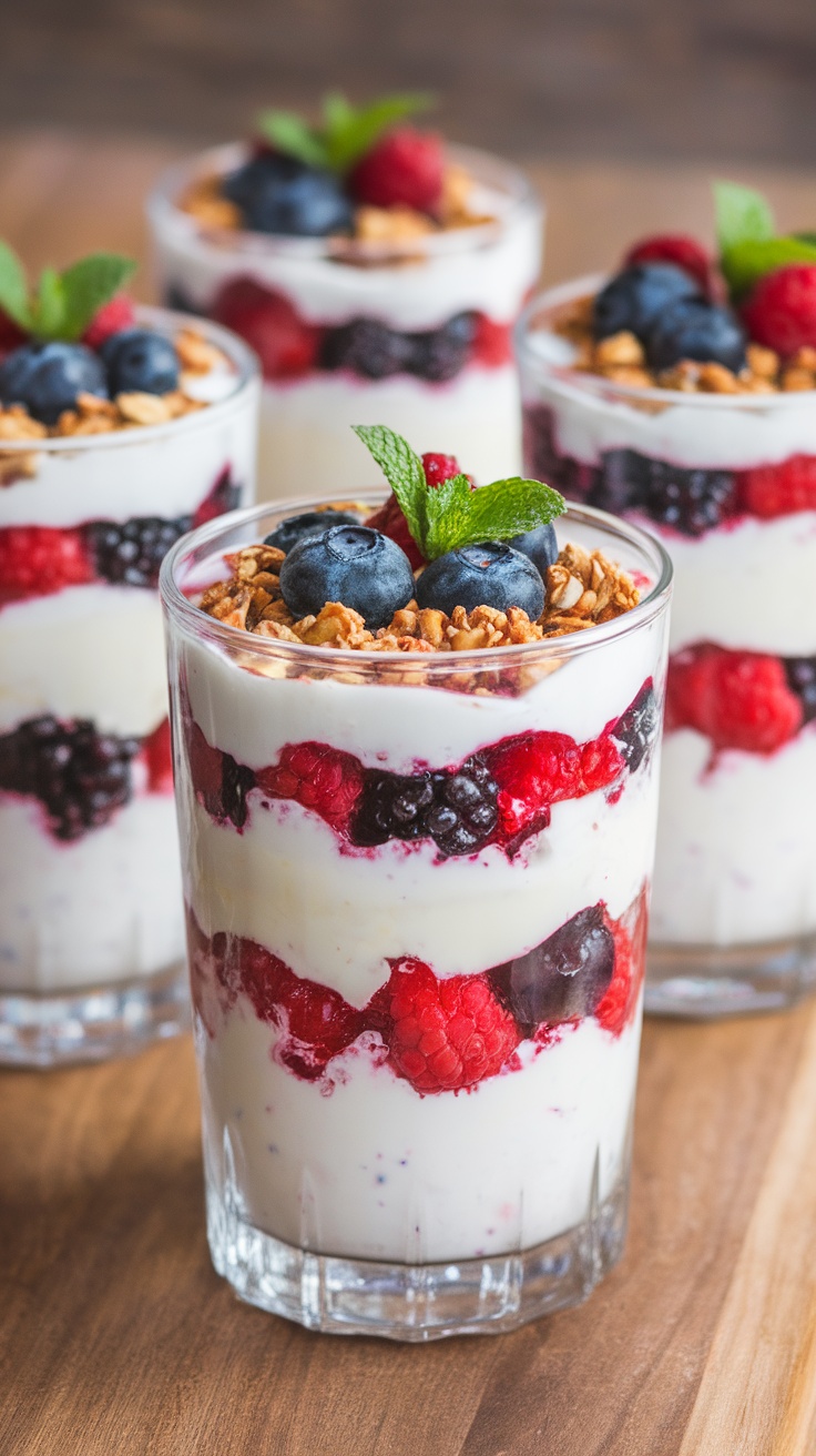 Berry and yogurt parfaits in clear glasses, layered with yogurt, mixed berries, and granola, garnished with mint.