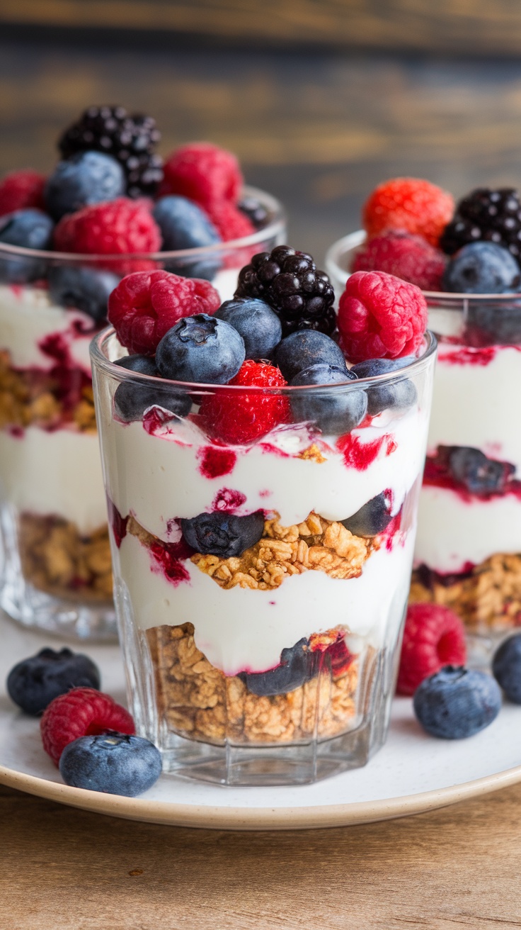 Colorful berry parfaits with yogurt and granola served in glasses