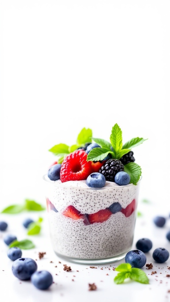 A delicious and colorful berry chia seed pudding with fresh berries and mint leaves.
