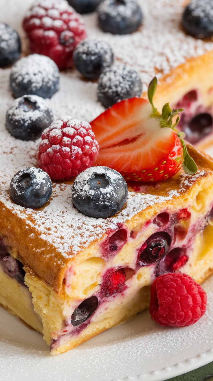 A delicious berry french toast casserole topped with fresh berries and powdered sugar.