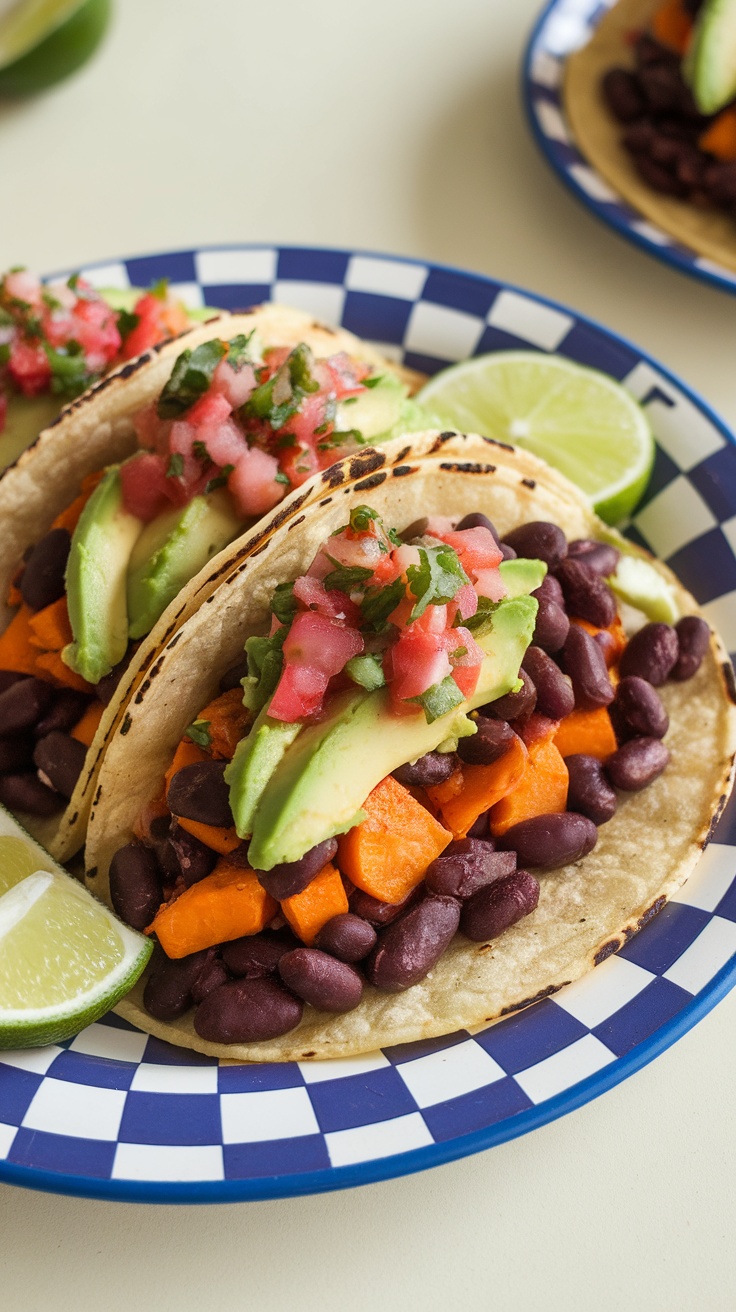 Delicious black bean and sweet potato tacos topped with avocado and salsa, served with lime wedges.