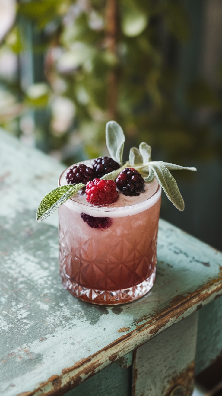 A refreshing blackberry sage cocktail garnished with fresh berries and sage leaves.
