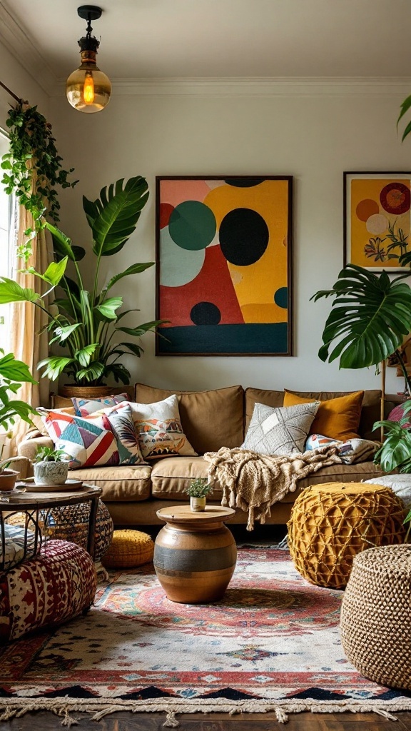 Cozy Bohemian living room with vibrant textiles, plants, and eclectic furniture.