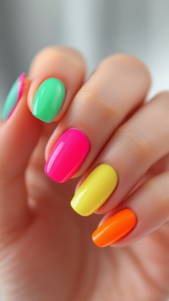 Close-up of brightly colored neon nails in green, pink, and orange against a dark background.