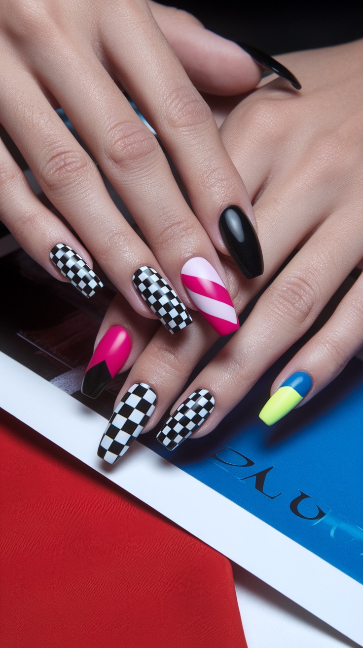 Colorful striped and patterned summer nails with pool floats