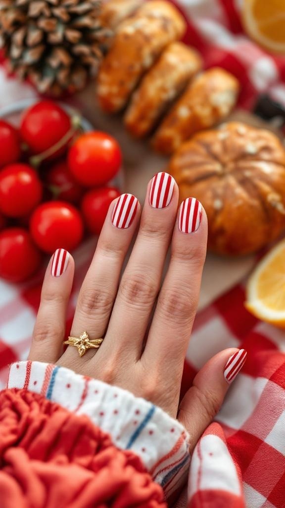 Stylish hands with bold red and white striped nails next to a basket of strawberries on a checkered picnic blanket.