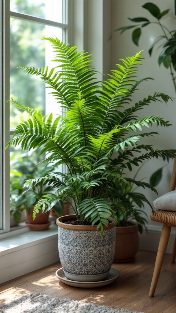 A Boston Fern in a decorative pot, situated near a window with natural light.