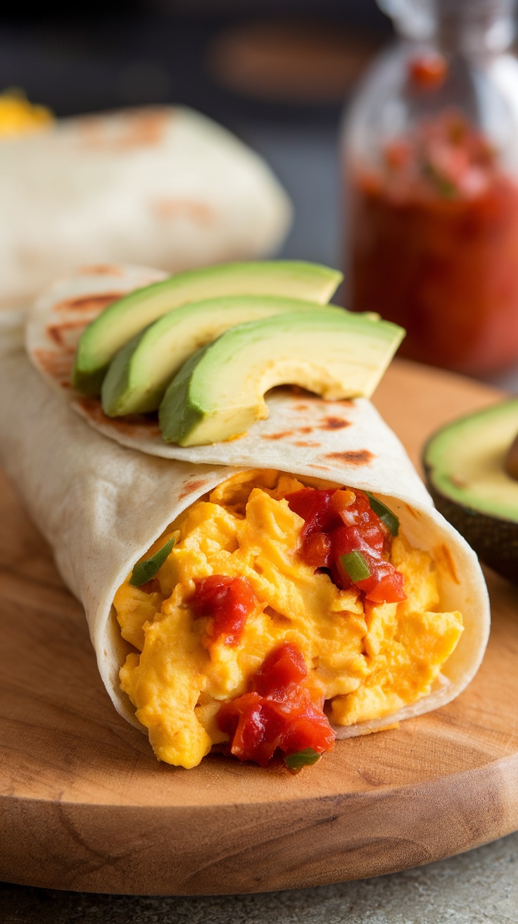 A breakfast burrito filled with eggs and salsa, garnished with avocado slices.