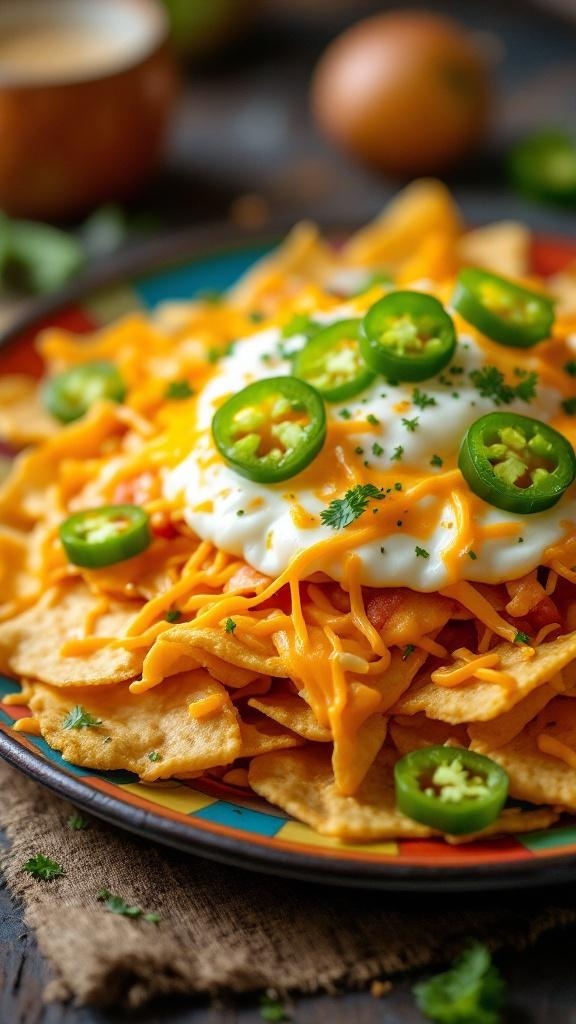 A plate of breakfast nachos topped with scrambled eggs, cheese, and jalapeños.