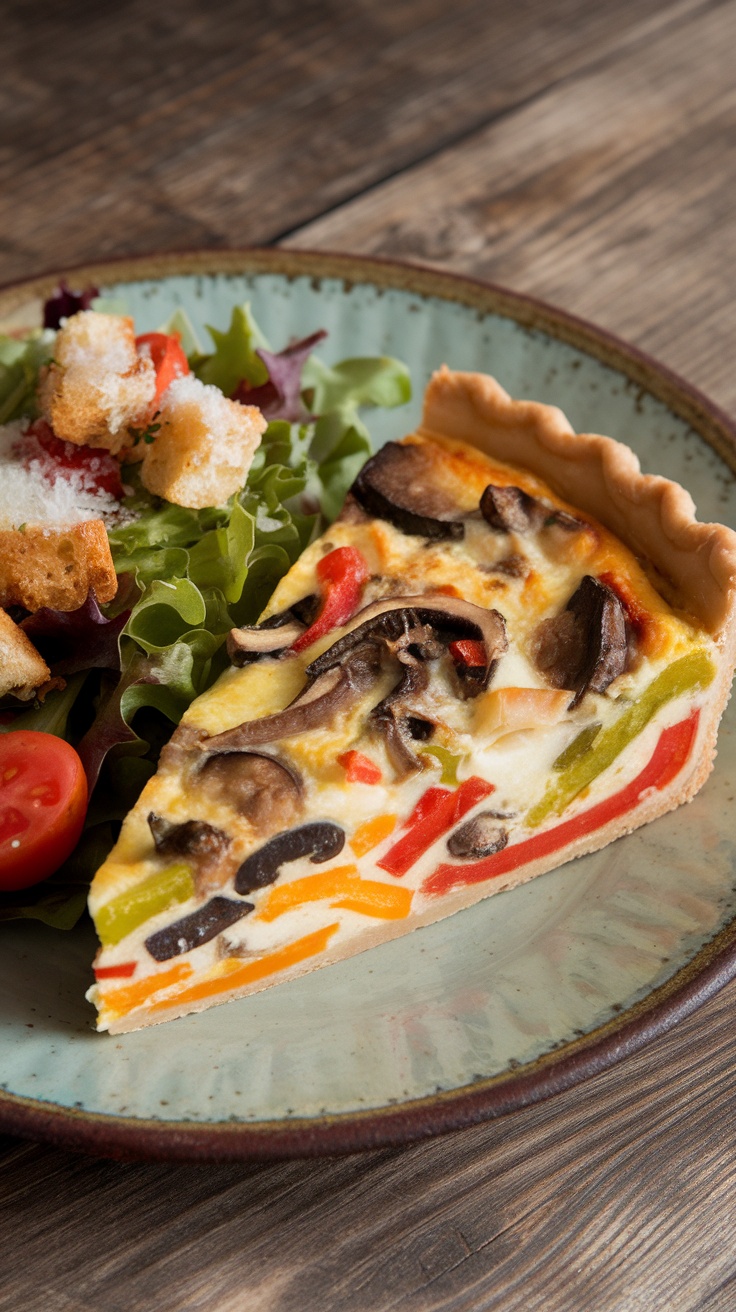 A slice of vegetable quiche served with a side salad.