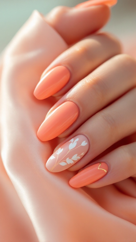 Nail polish bottles in coral and peach shades with tropical leaves in the background.