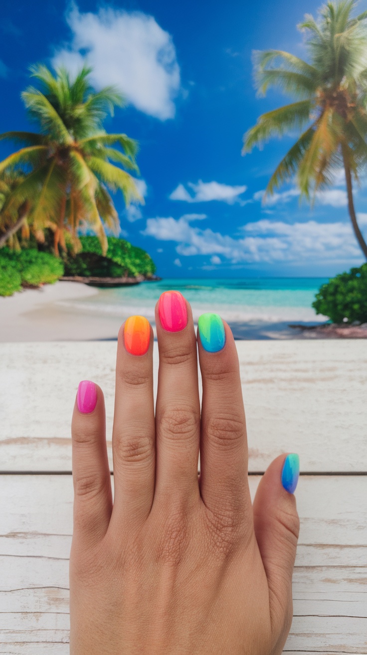 A hand with bright pink nails against a beach background
