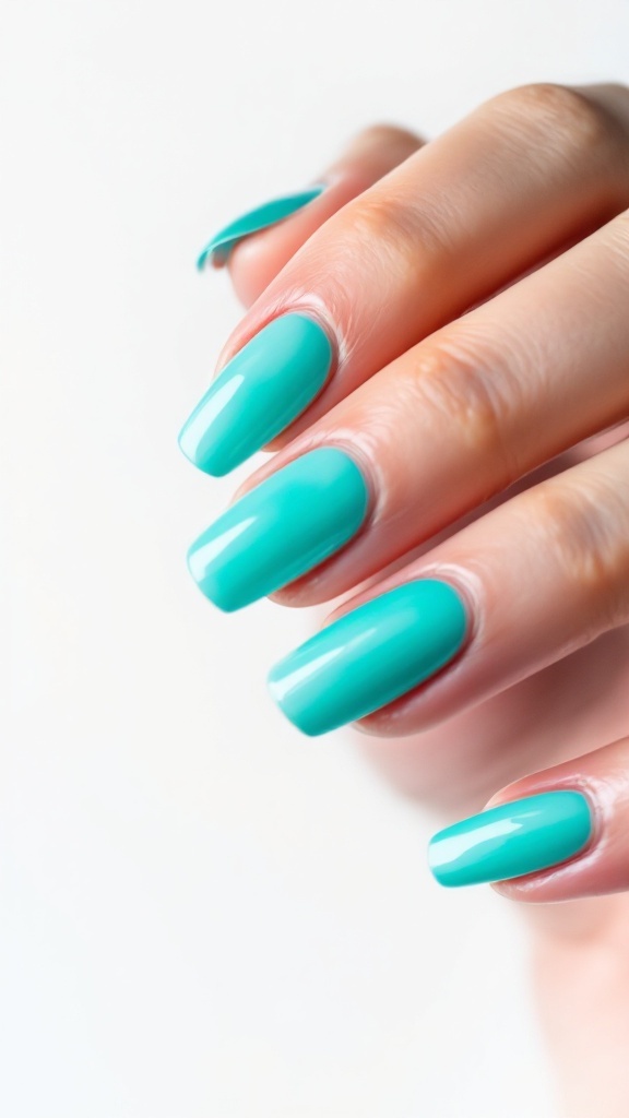 Bright turquoise nails with a glossy finish