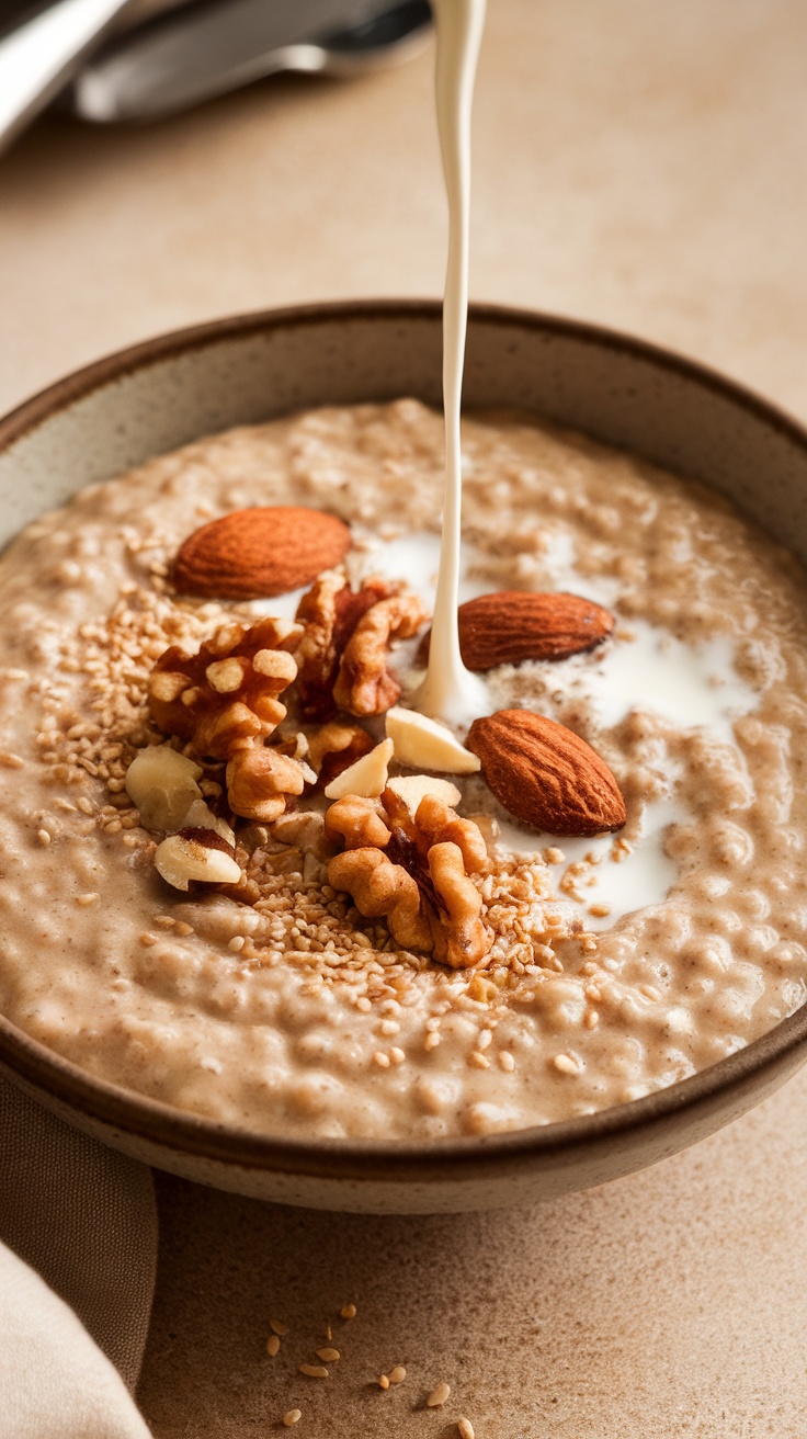 A bowl of buckwheat porridge topped with nuts and a drizzle of milk.