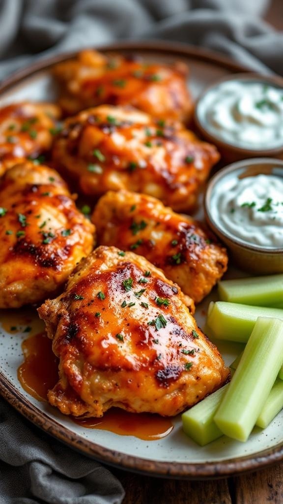 Buffalo chicken thighs served with blue cheese dip and celery sticks
