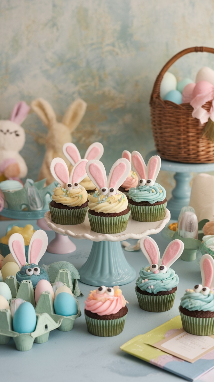 Bunny shaped cupcakes decorated with frosting and fondant ears