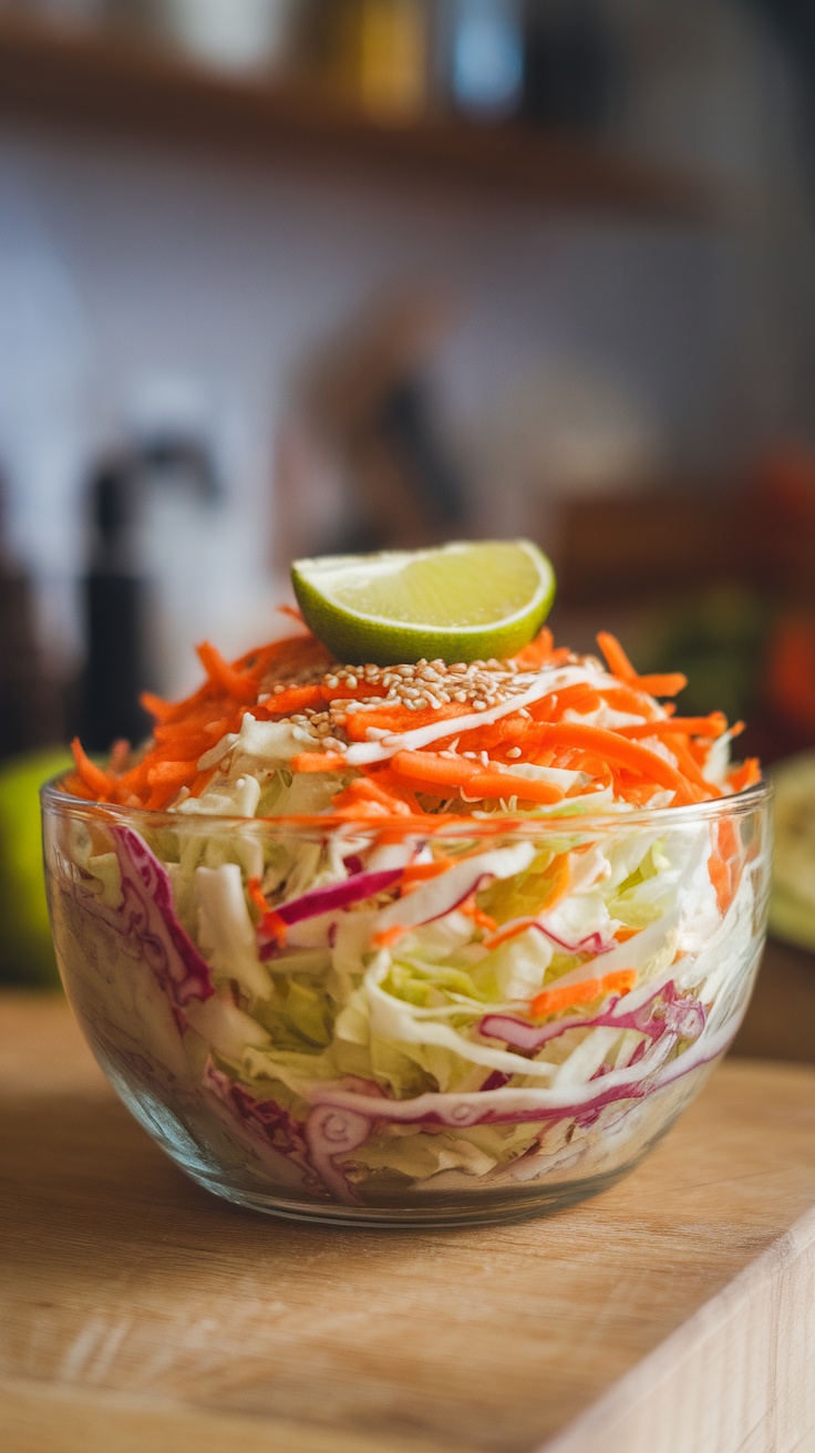 A vibrant bowl of cabbage and carrot slaw topped with lime and sesame.