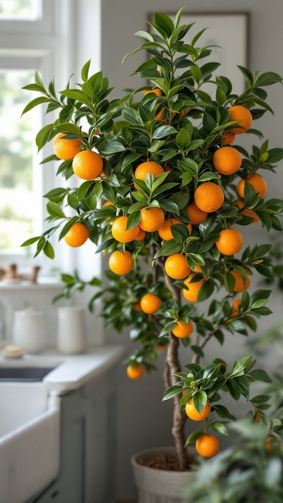 A lush indoor calamondin orange tree full of ripe oranges and green leaves, placed in a modern kitchen.