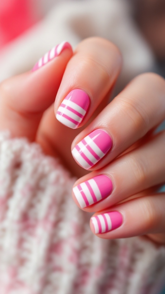 Nails featuring candy pink color with white stripes and a heart charm.
