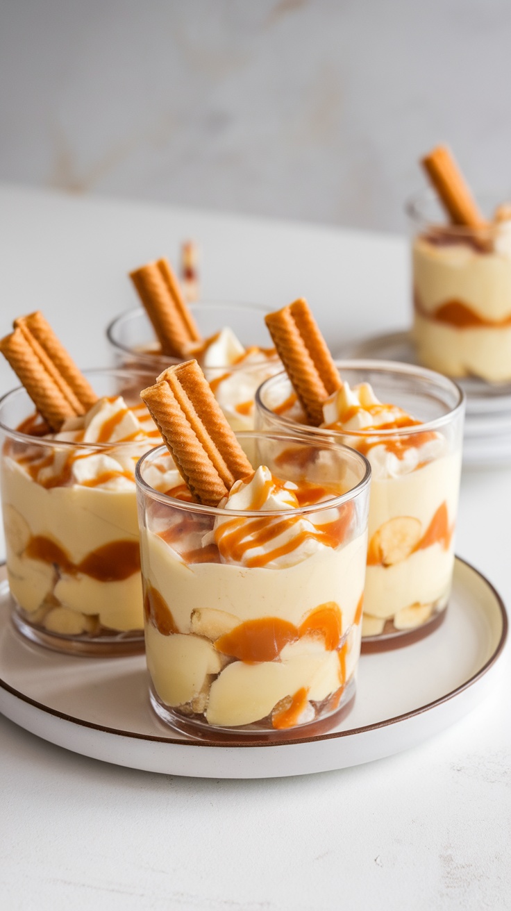 Delicious caramel banana pudding parfaits in glasses with banana slices and wafers