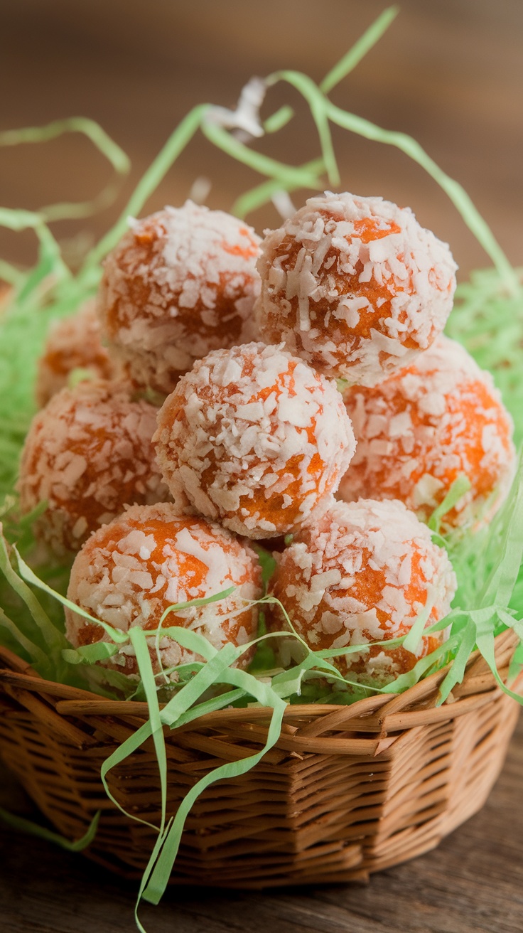 A basket filled with carrot cake truffles coated in coconut.