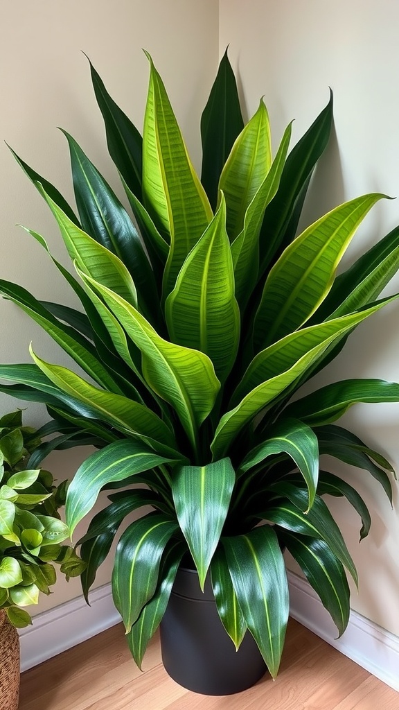 A healthy Cast Iron Plant in a pot, positioned in a living room with minimal light.