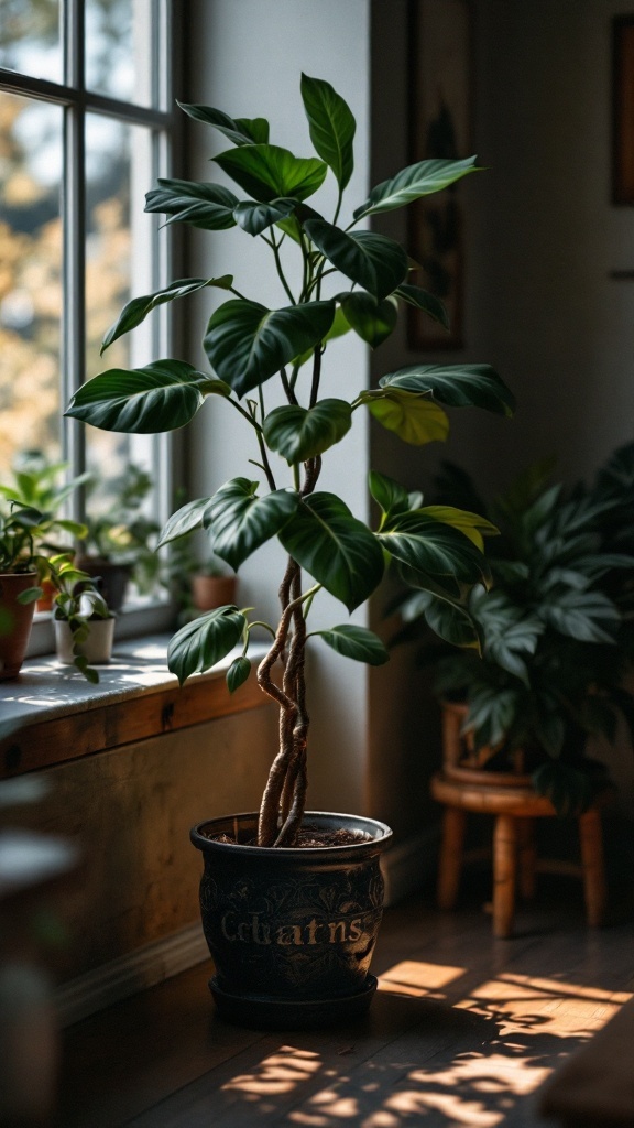 A healthy Cast Iron Plant in a stylish pot by a window with sunlight filtering through