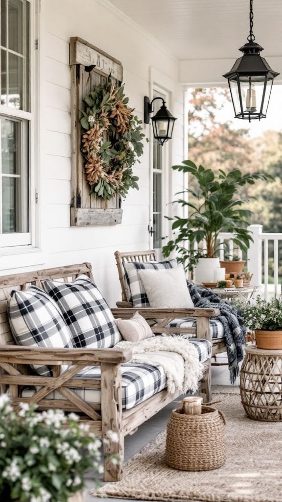 Charming farmhouse seating area with plaid cushions, a cozy throw, and potted plants on a porch.