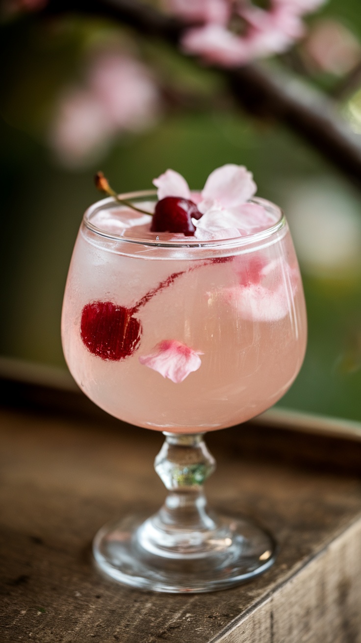 A refreshing Cherry Blossom Sour cocktail garnished with cherries and flower petals.