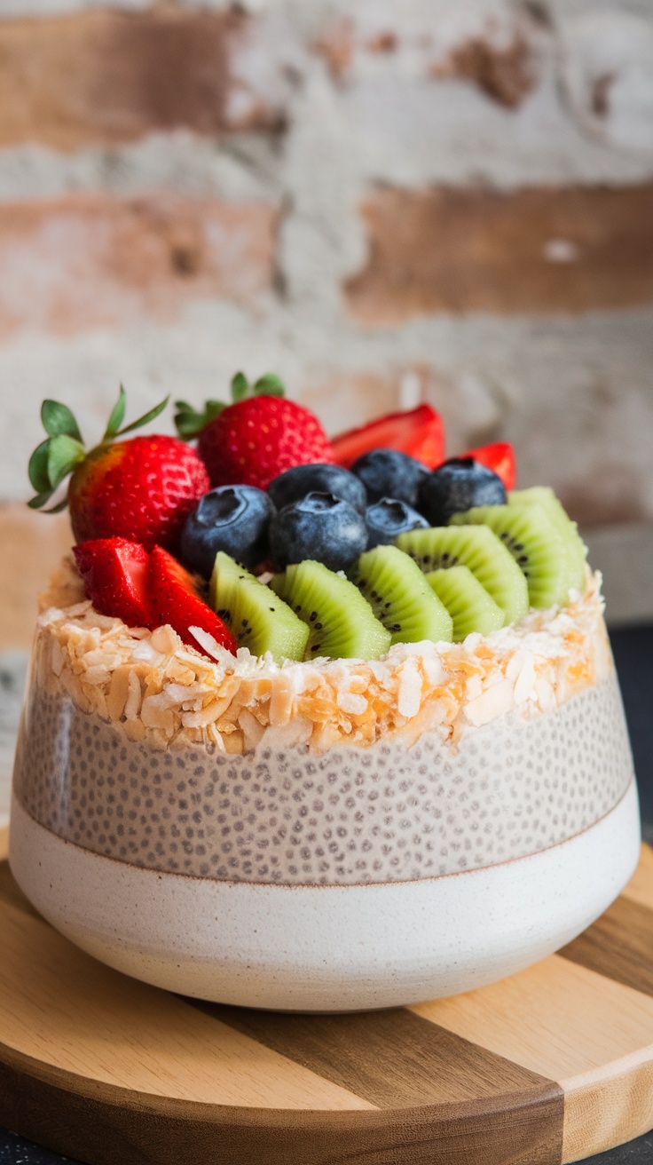 Chia pudding served with fresh berries and coconut on top