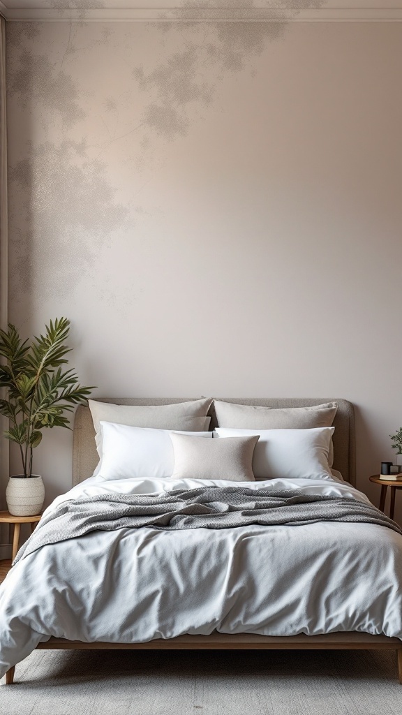 A modern bedroom with a chic accent wall, featuring a comfortable bed and decorative plants.