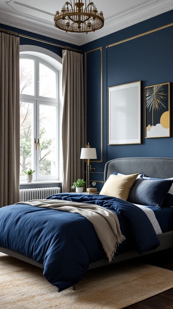 A stylish bedroom featuring navy walls, soft beige curtains, and a luxurious bedding arrangement.