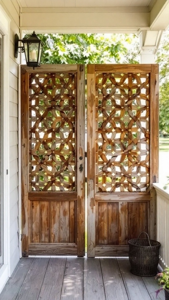 Chic wooden privacy screens on a porch, providing a stylish and cozy atmosphere.