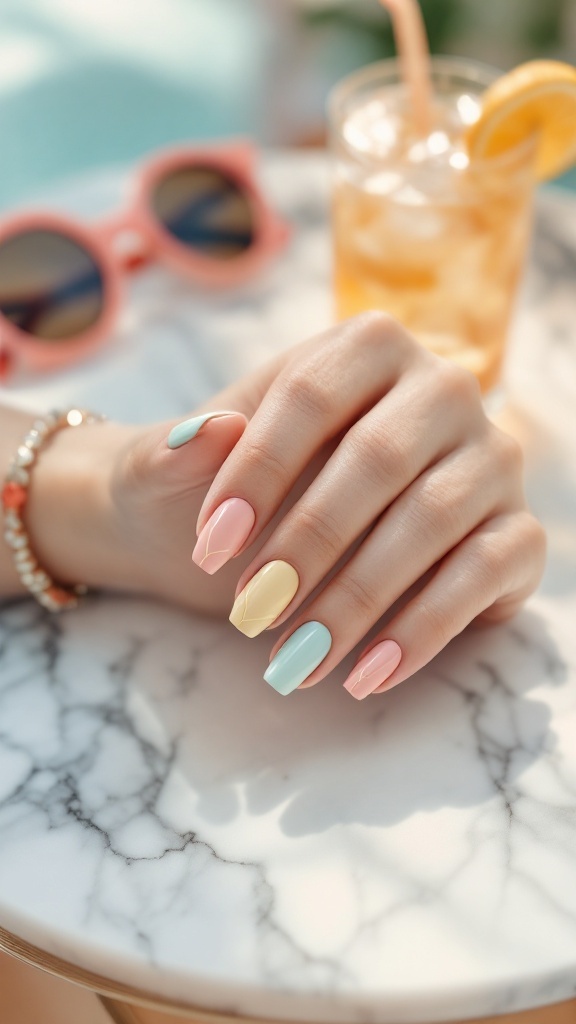A hand showing off chic summer nails in pink and blue, with gold jewelry and green plant background.