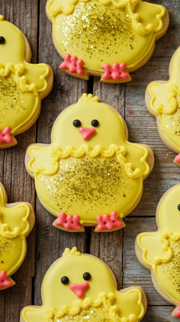 Decorative chick-shaped sugar cookies decorated with yellow icing and colorful accents.