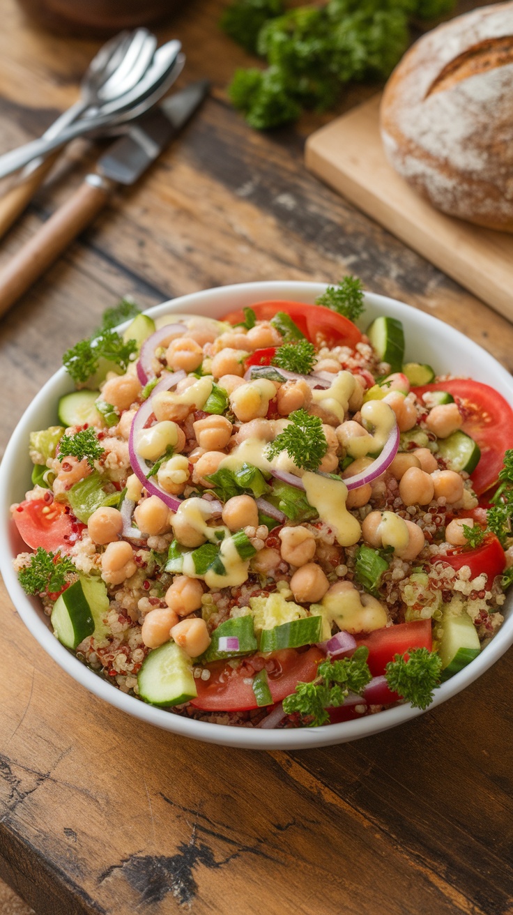 A bowl of colorful chickpea and quinoa salad topped with fresh vegetables and a light dressing.