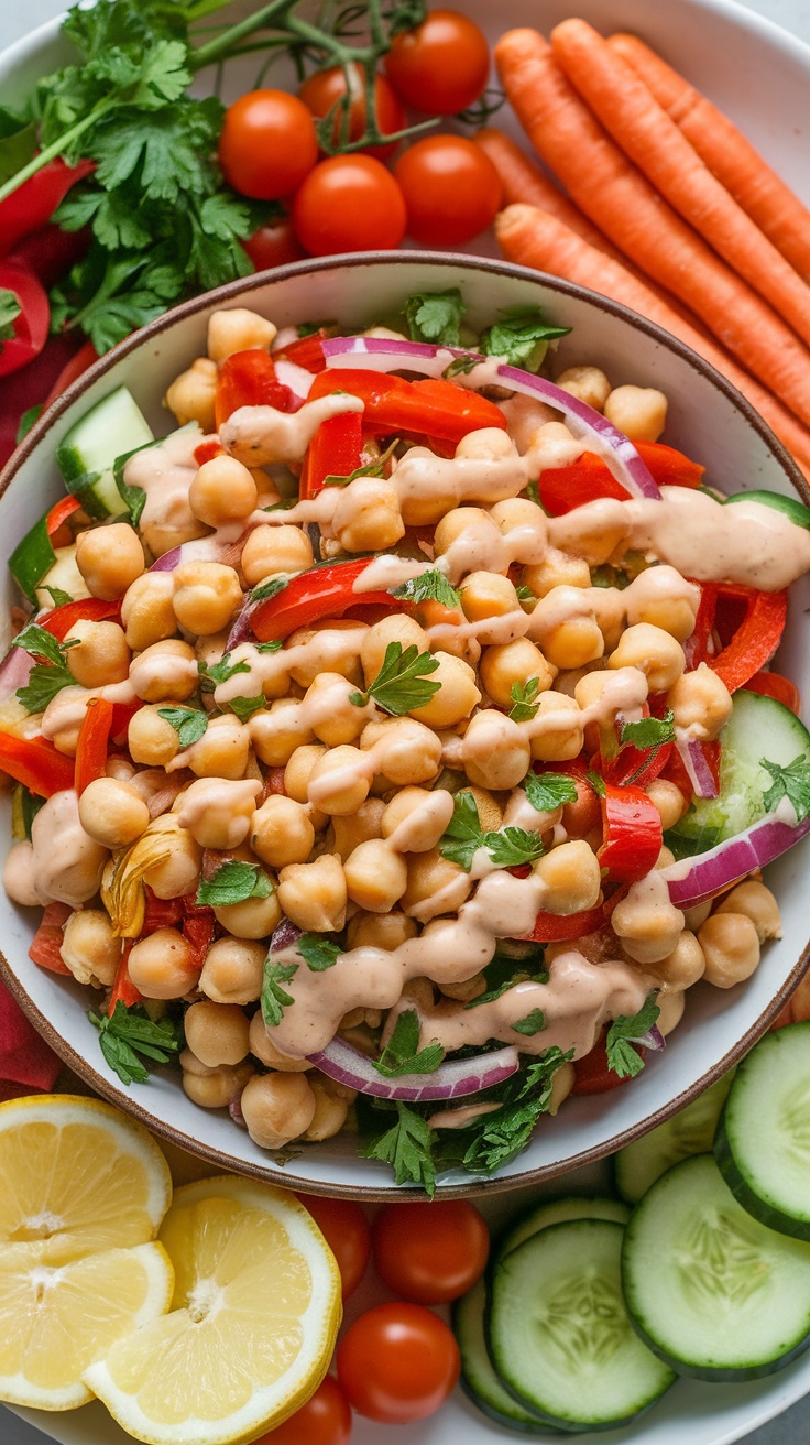 Chickpea salad with colorful vegetables and a creamy dressing, garnished with lemon slices.