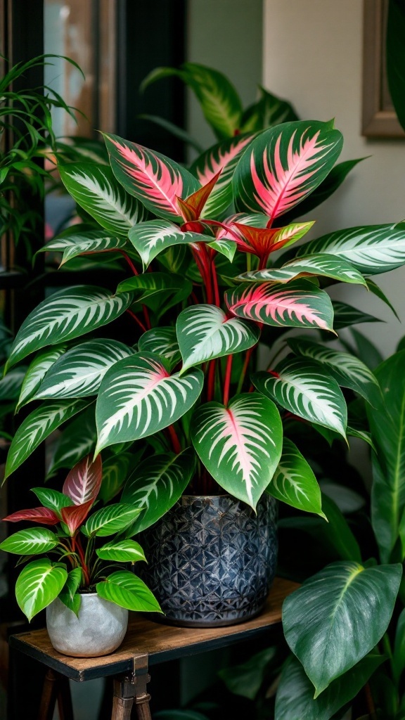 A vibrant Chinese Evergreen plant in a decorative pot, placed on a white shelf near other indoor plants.