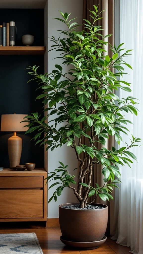 A tall Chinese Evergreen plant in a stylish pot, showcasing vibrant green leaves with colorful patterns in a cozy apartment setting.